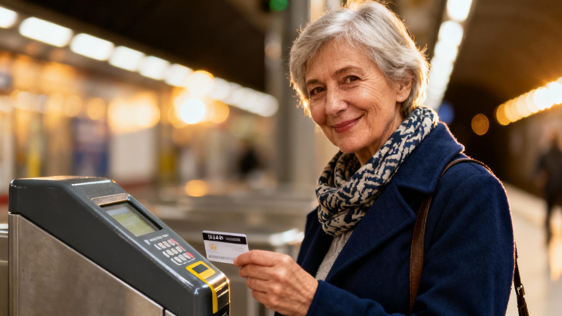 Femme âgée présentant sa carte de transport devant un valideur dans une station de métro