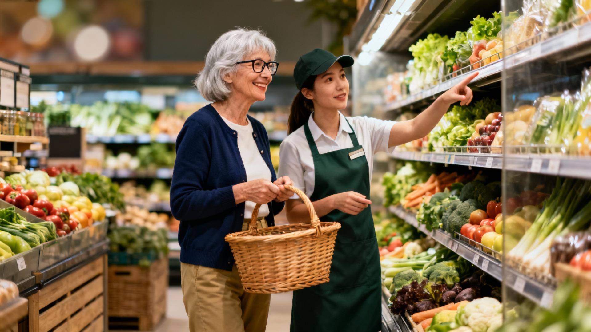 Femme âgée souriante accompagnée par une hôtesse dans un supermarché avec chariot rempli de produits