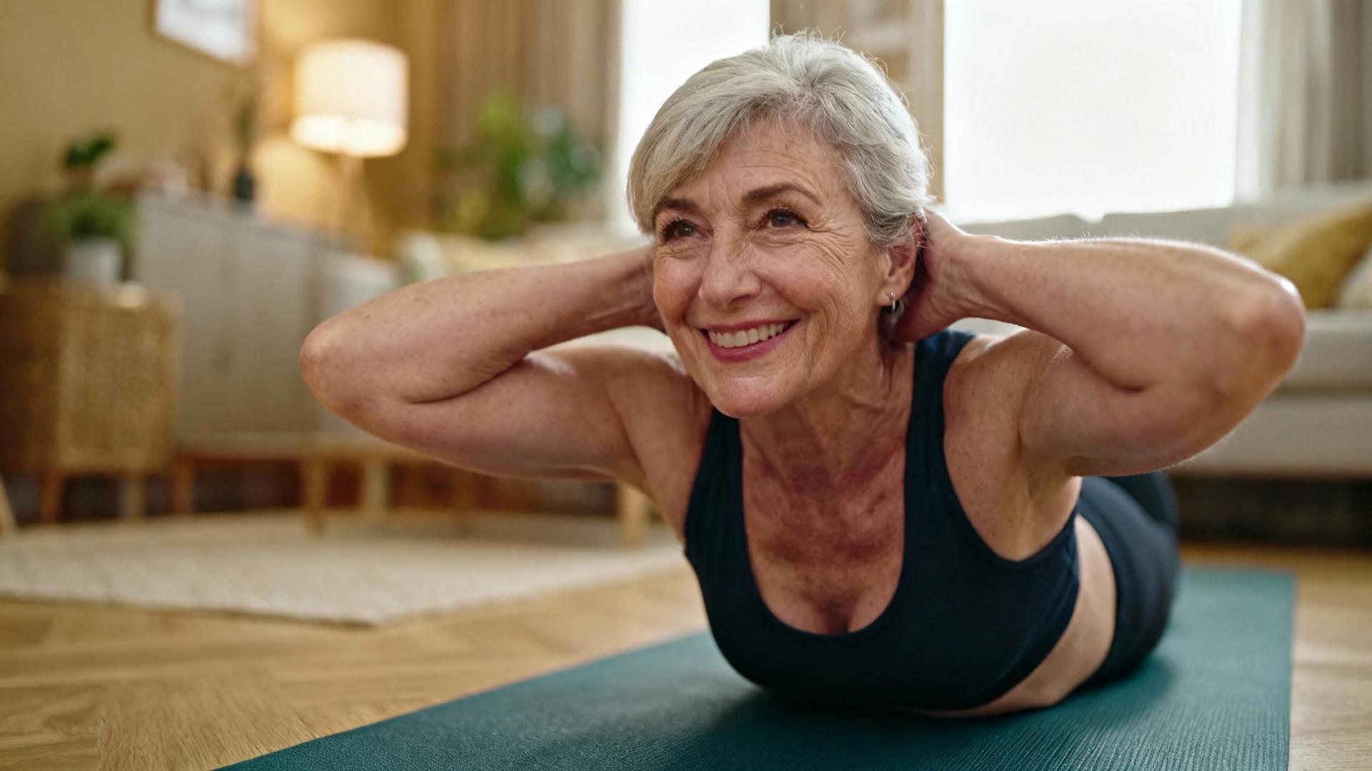 Femme âgée souriante effectuant des exercices doux pour le ventre sur un tapis de yoga à la maison