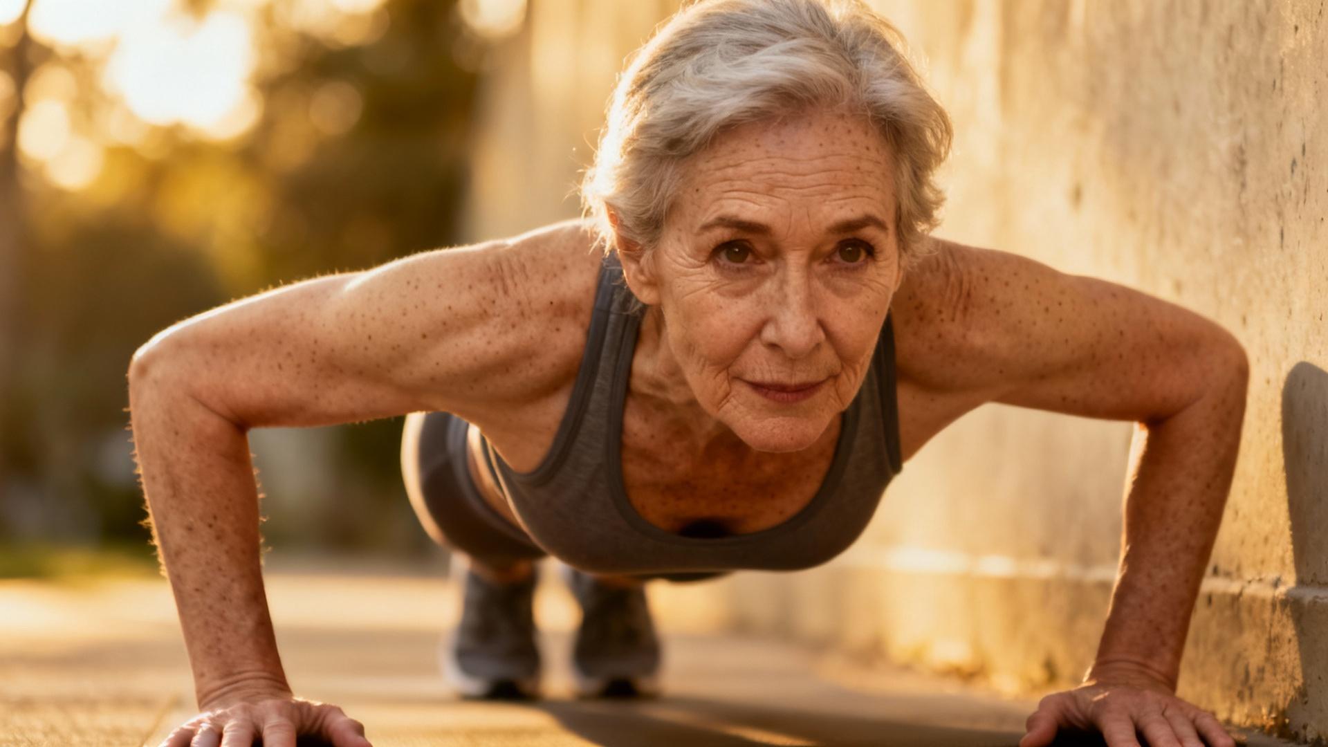Femme âgée souriante faisant des pompes contre un mur avec une technique parfaite et une posture droite