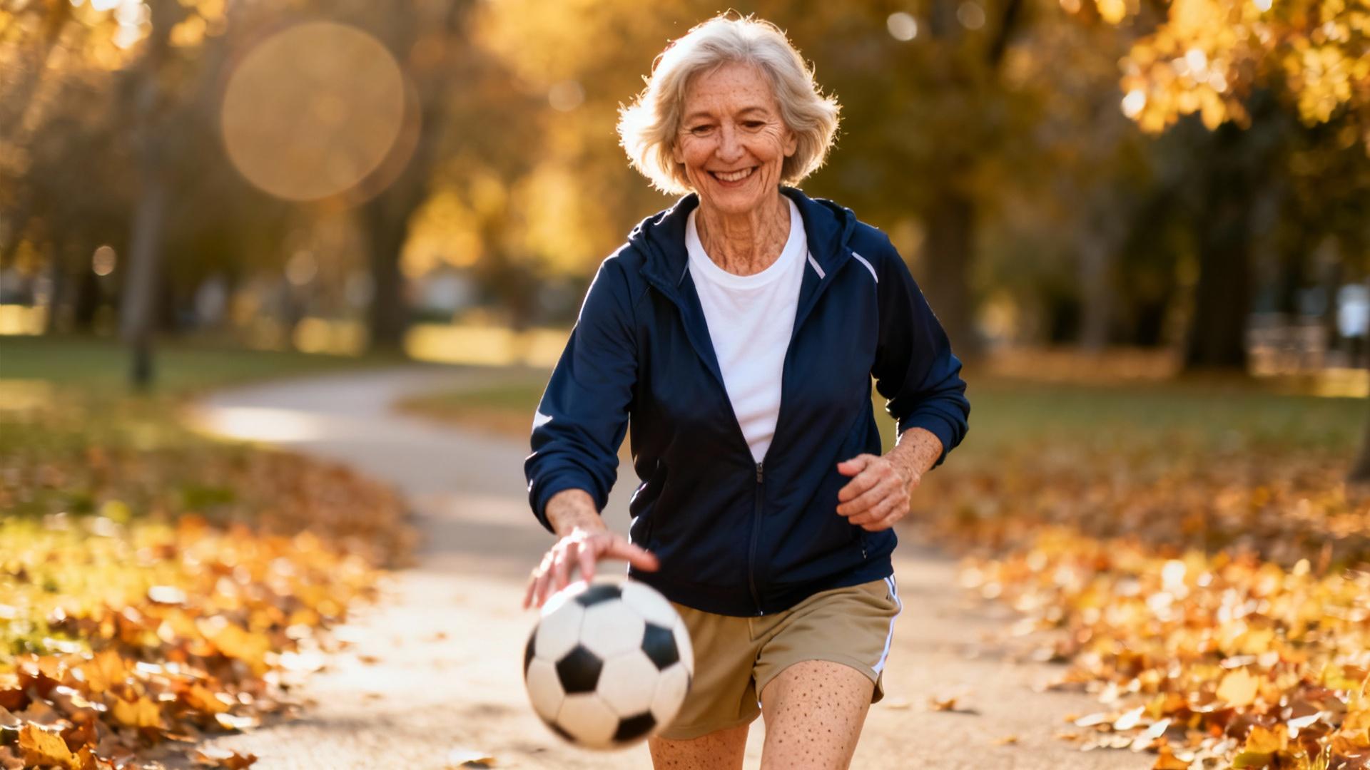 Femme âgée souriante jouant au football dans un parc ensoleillé lors d'un match senior