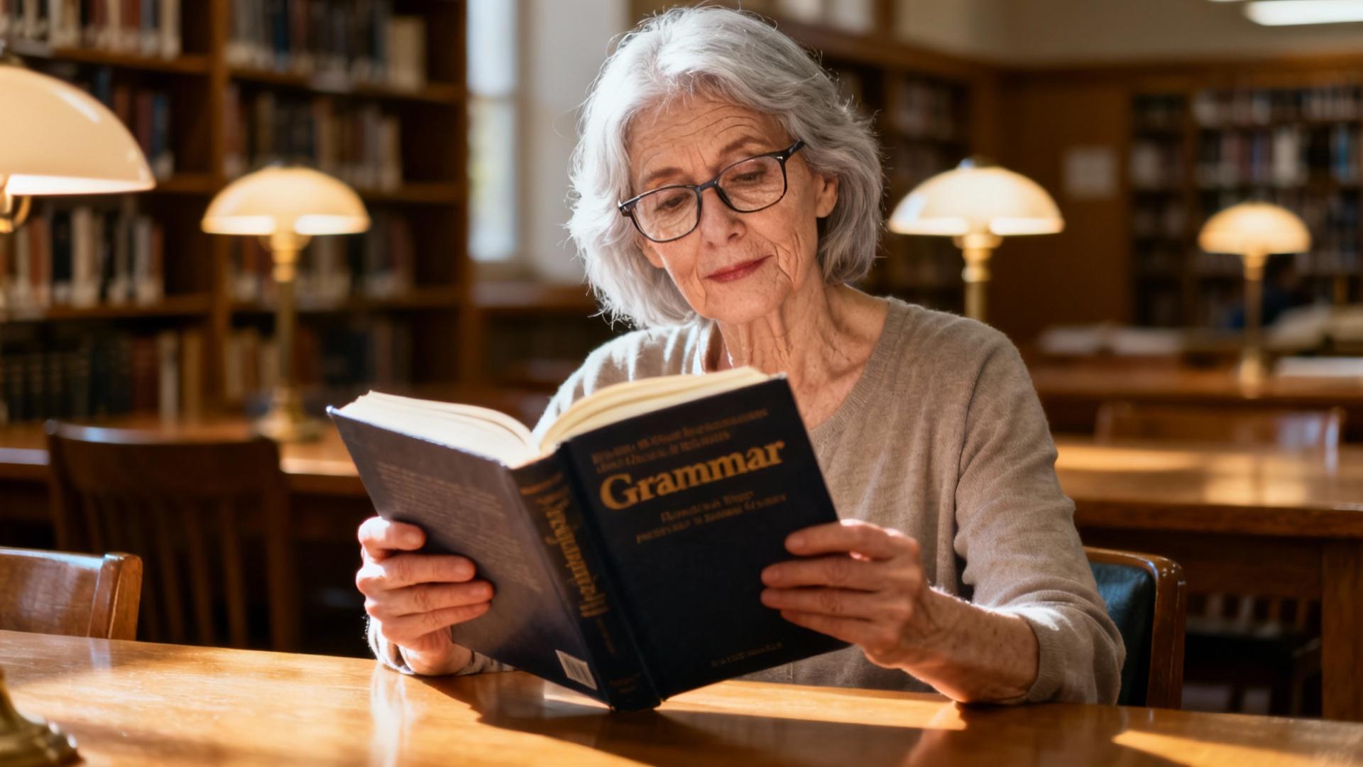 Femme âgée concentrée sur un livre de grammaire française, assise à une table de bibliothèque avec lumière naturelle