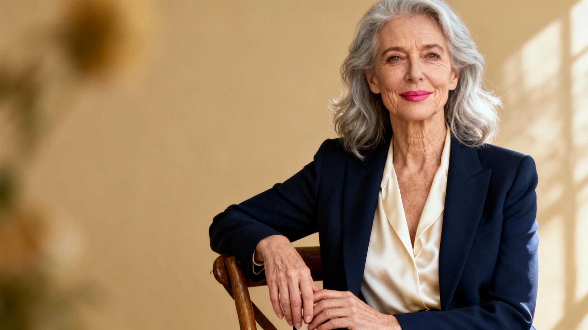 Femme sophistiquée de 60 ans posant avec confiance en studio sous un éclairage naturel et chaud