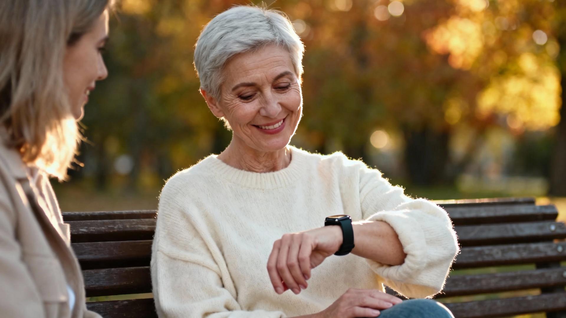Femme âgée souriante vérifiant sa montre connectée au poignet, lumière naturelle douce
