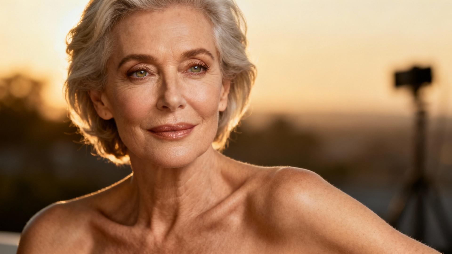 Femme senior élégante et confiante lors d'un shooting photo professionnel avec éclairage naturel