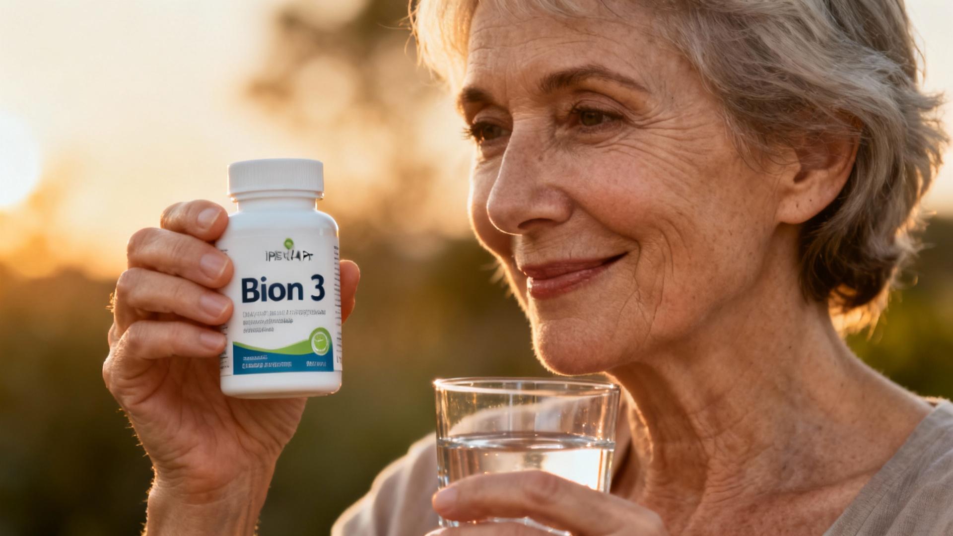 Femme âgée tenant un comprimé de Bion 3 avec un verre d’eau, éclairée par une lumière naturelle douce