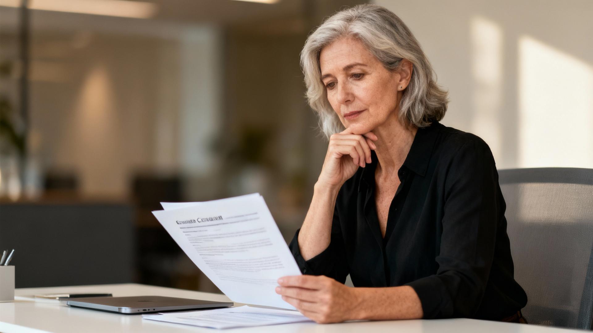 Femme européenne dans la cinquantaine réfléchissant devant des documents de carrière sur un bureau moderne
