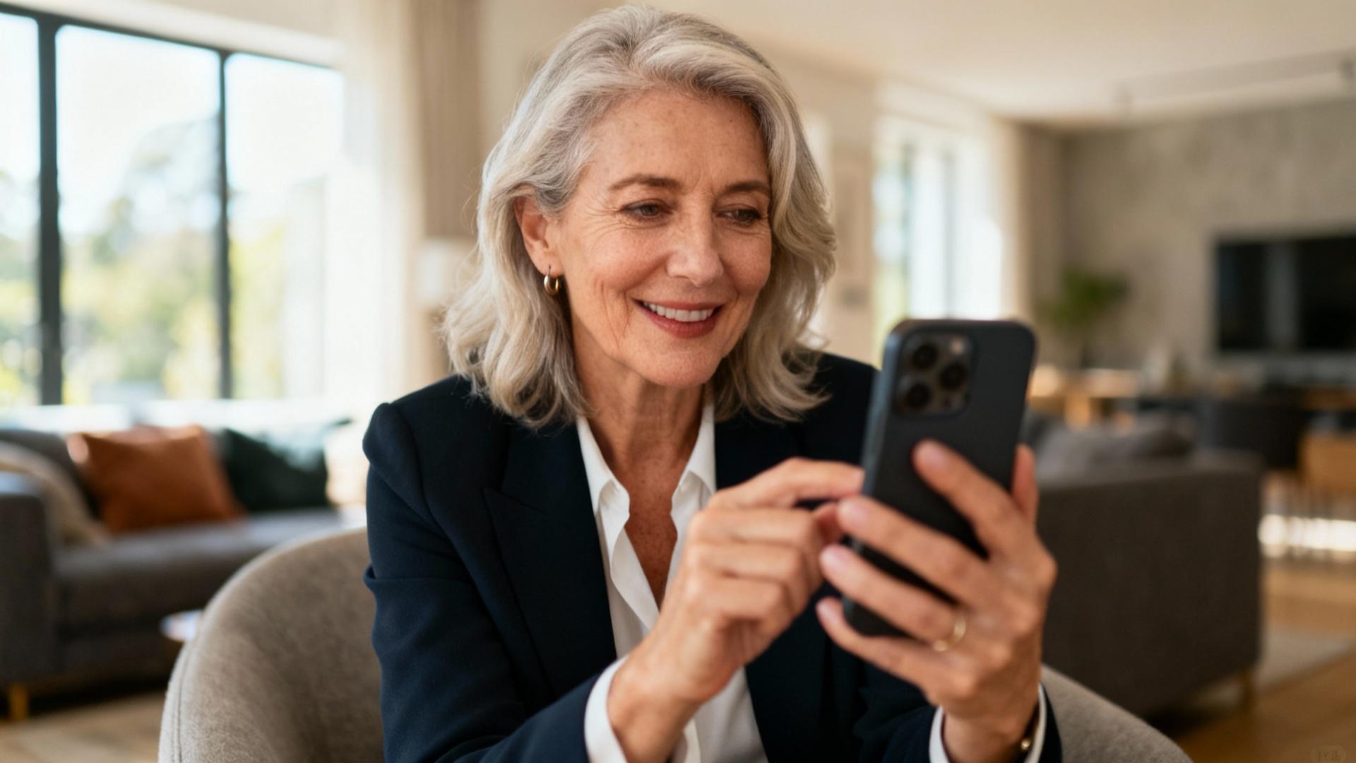 Femme élégante de plus de 50 ans utilisant son smartphone dans un appartement moderne avec lumière naturelle