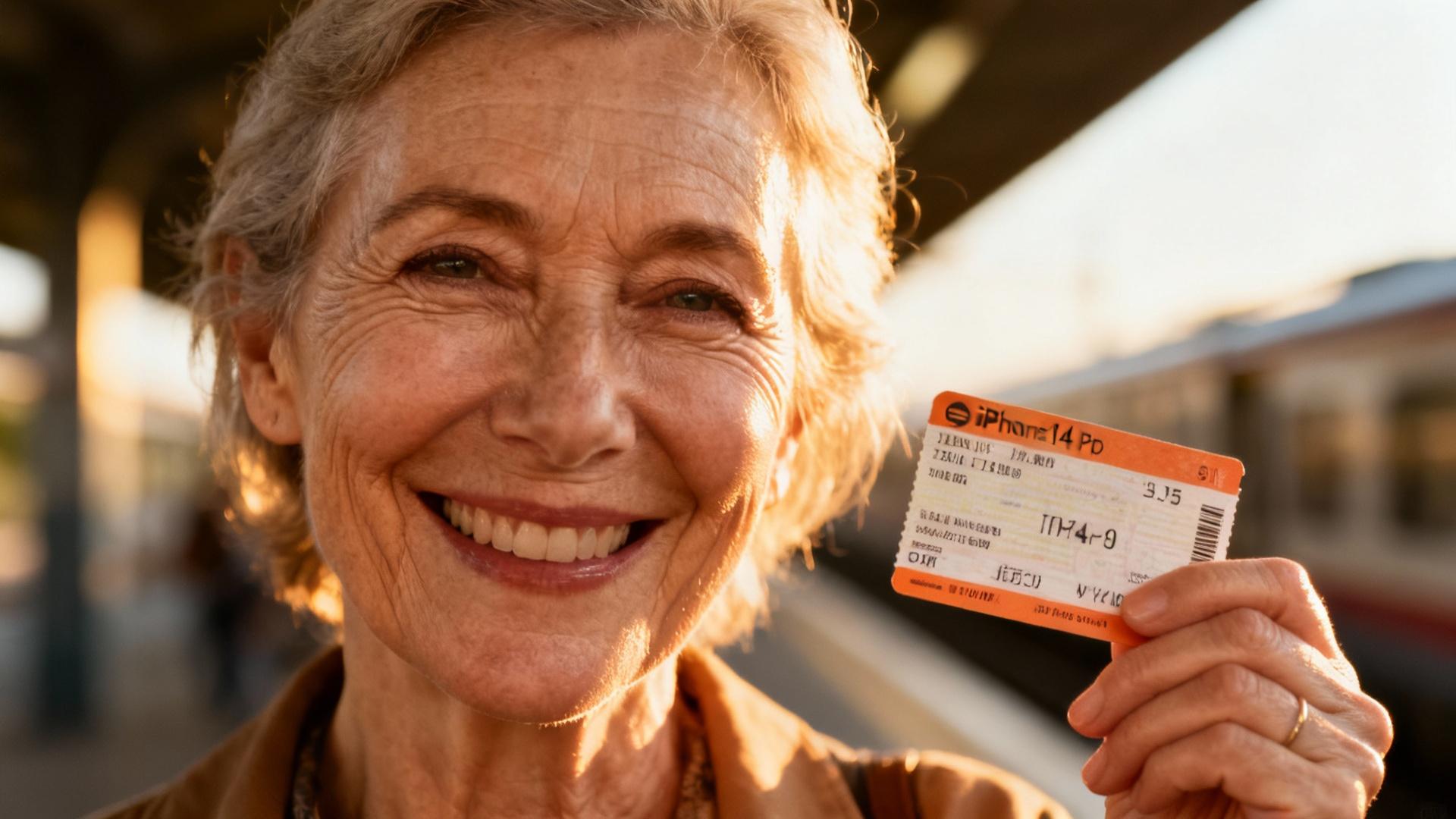 Femme âgée souriante tenant un billet de train en pleine lumière naturelle avec des tons chauds