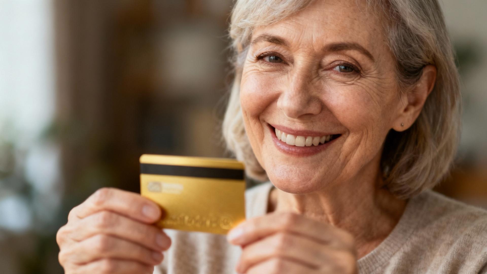 Femme âgée souriante tenant une carte dorée avec ses deux mains, éclairée par une lumière naturelle douce