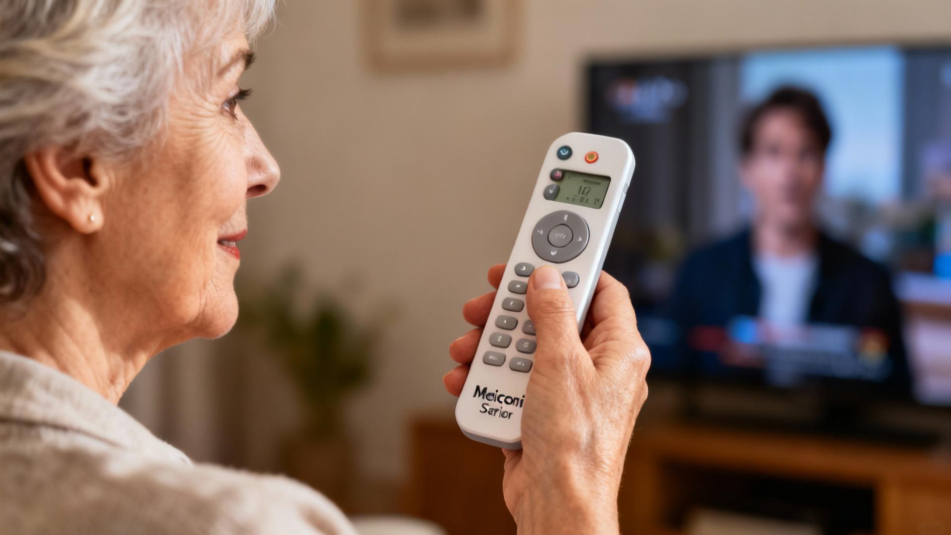 Femme âgée utilise une télécommande Meliconi Senior 2 avec une télévision en arrière-plan