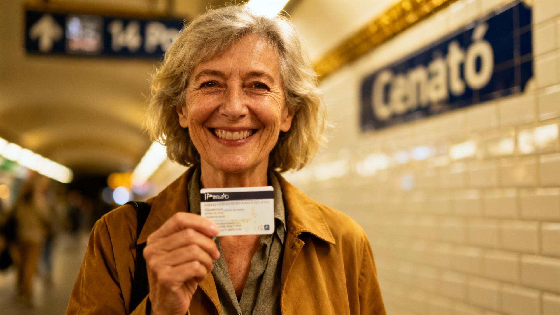Femme âgée souriante utilisant une carte de transport dans une station de métro à Paris