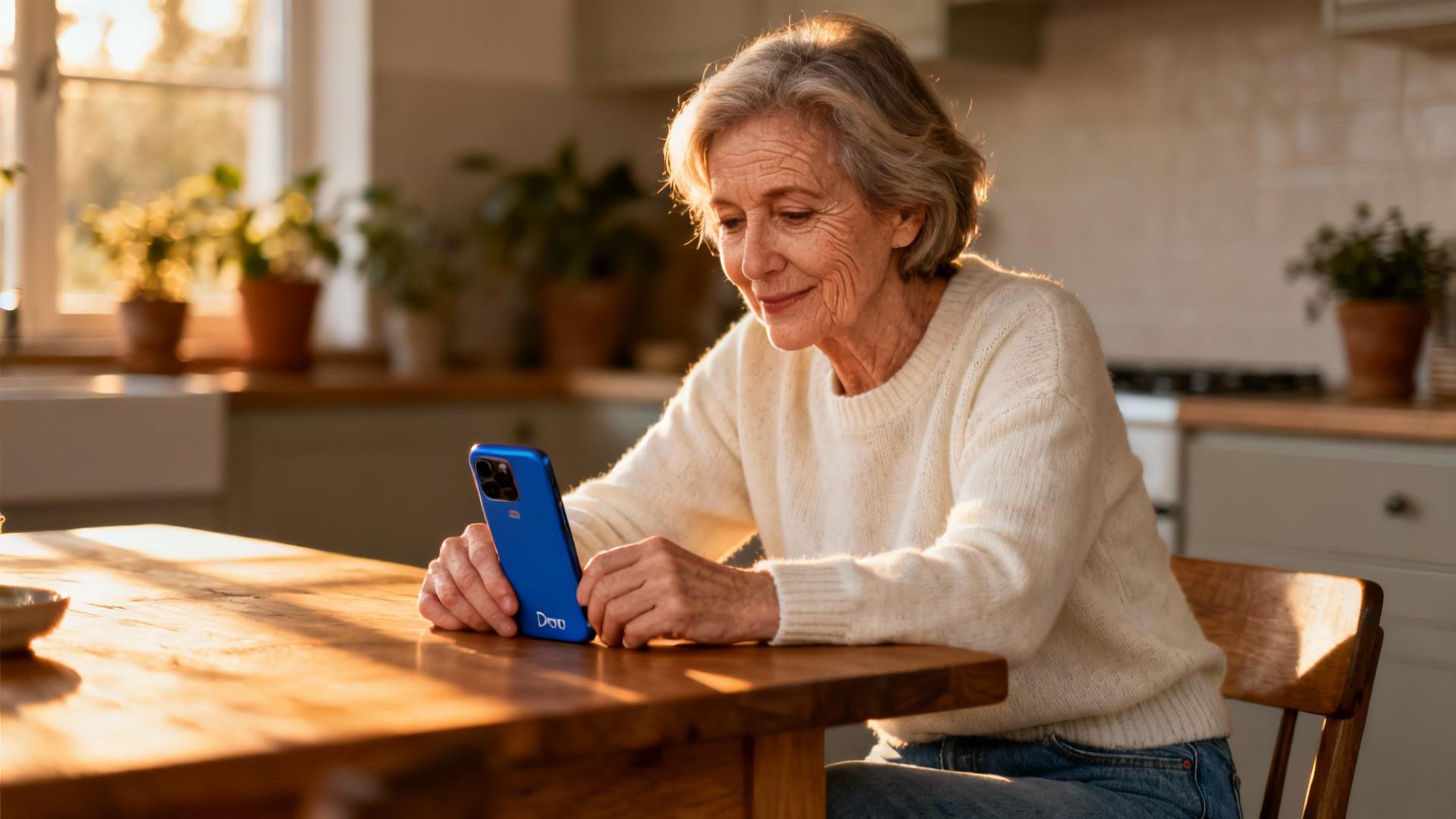 Dame âgée utilisant un téléphone portable Doro 8080 dans son salon, éclairée par une lumière naturelle douce