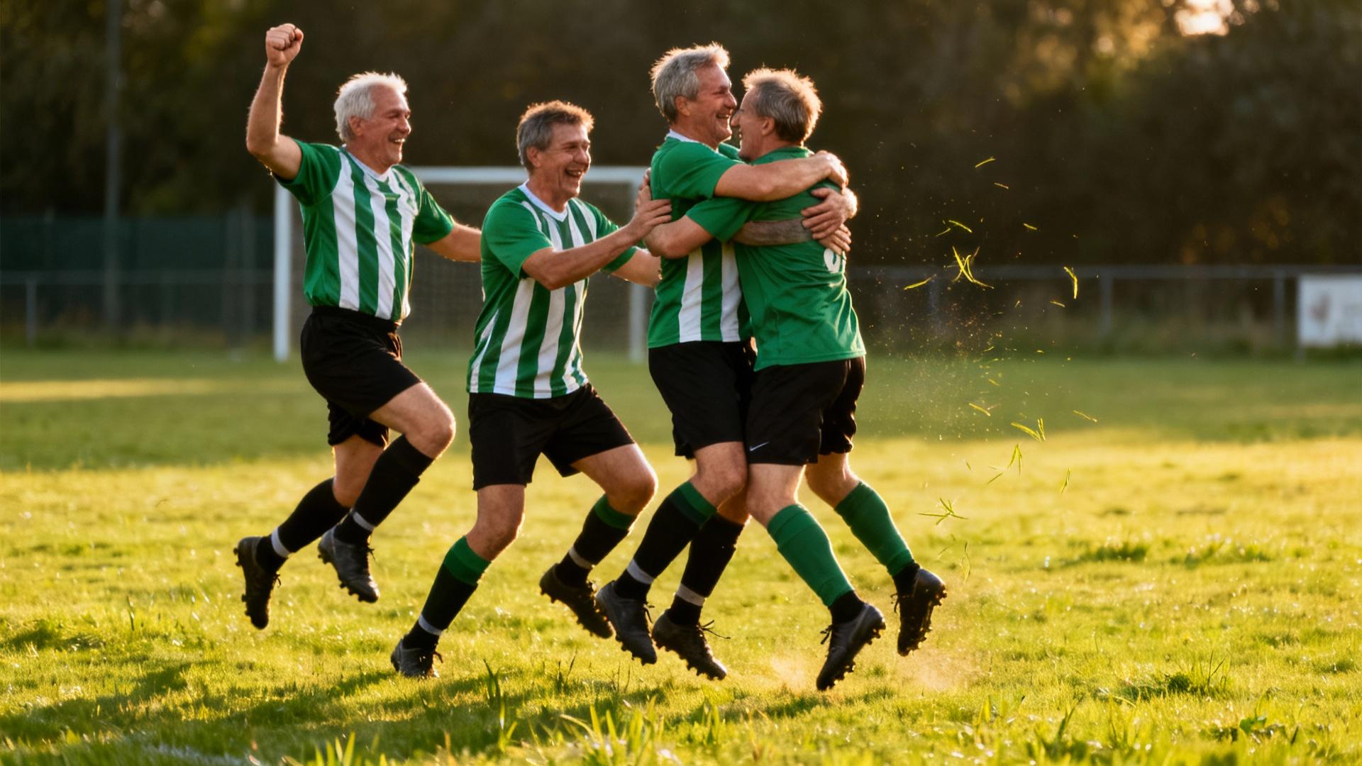 Groupe de joueurs de football seniors célébrant un but sur un terrain en herbe avec ambiance naturelle et lumière équilibrée
