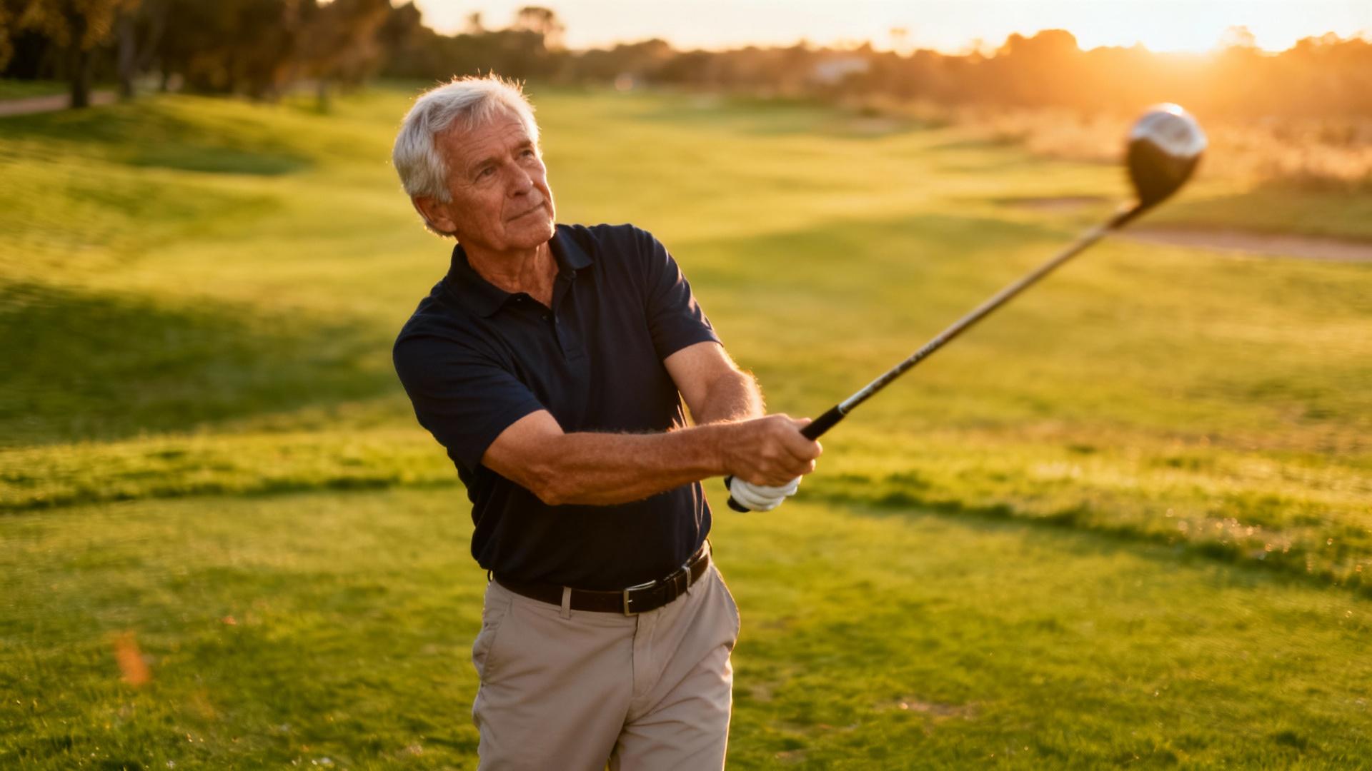 Golfeur âgé effectuant un swing avec un driver sur un terrain de golf verdoyant au lever du soleil