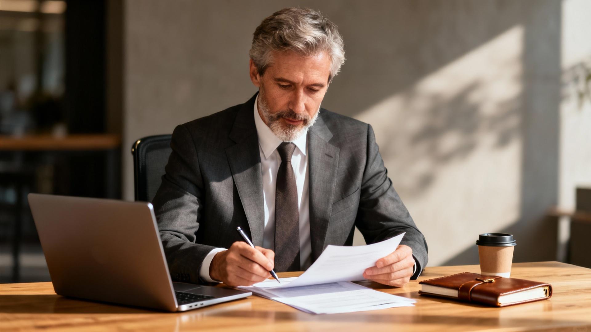 Homme d'affaires senior européen examinant des documents dans un bureau moderne avec éclairage naturel