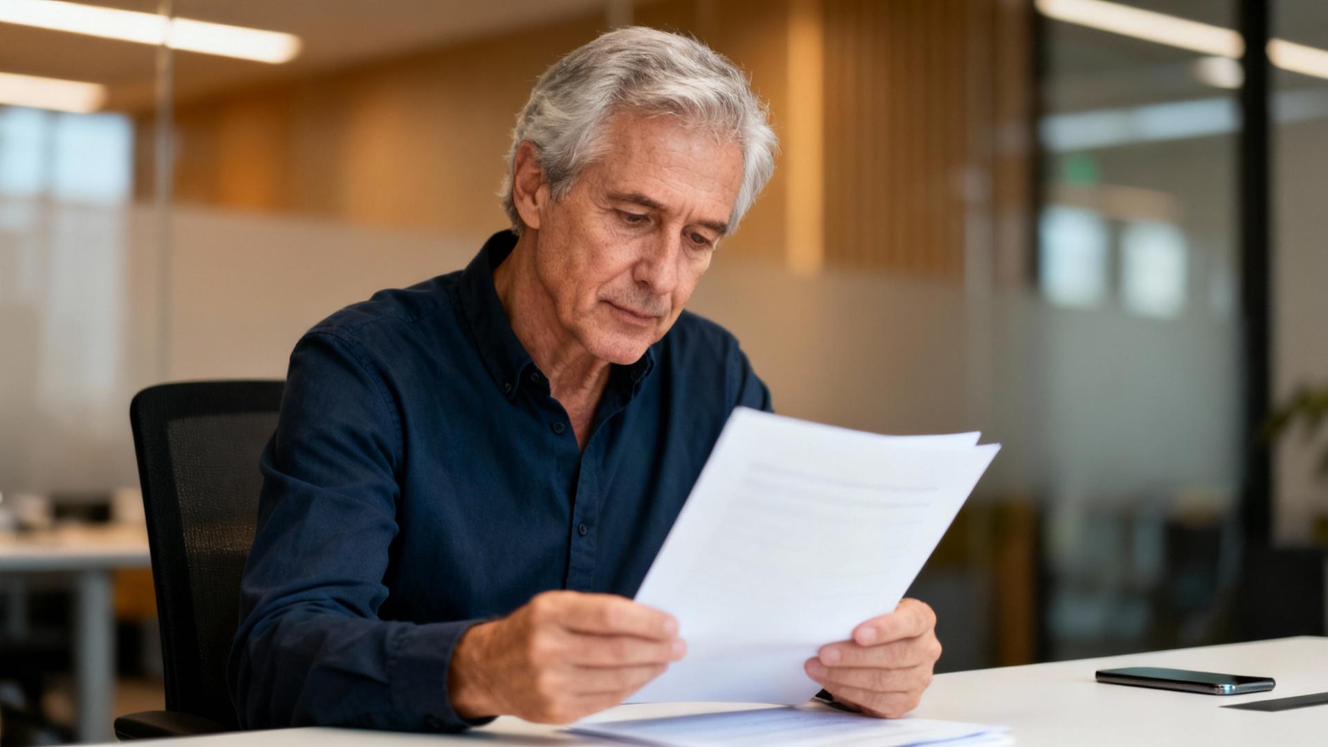 Homme d’âge mûr en train de lire attentivement un document sur son bureau moderne, avec lumière naturelle