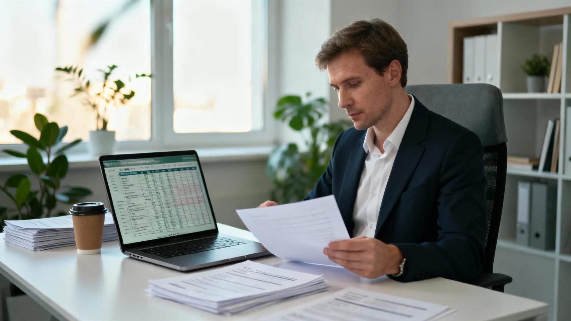 Professionnel des ressources humaines étudiant attentivement des documents dans un bureau moderne avec éclairage naturel