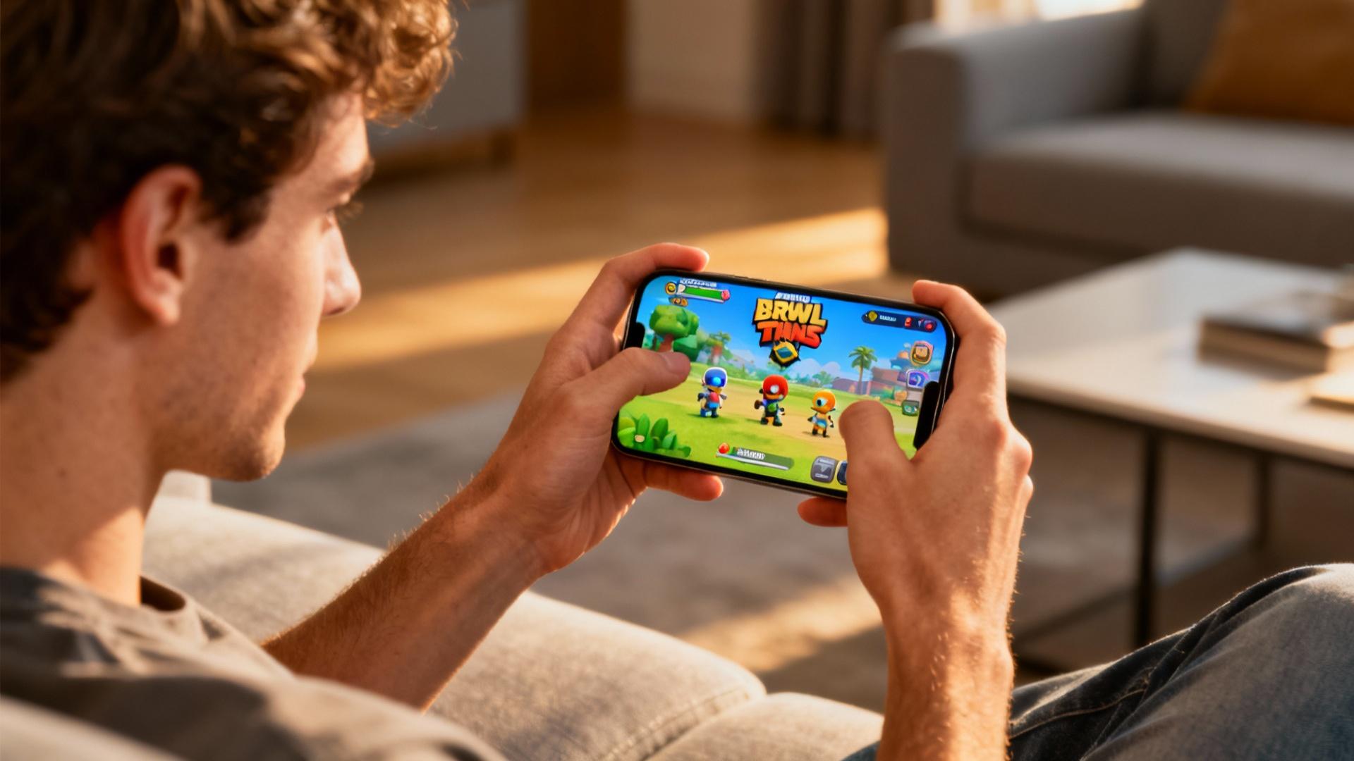 Jeune joueur européen concentré sur une partie de Brawl Stars sur son smartphone dans un salon moderne