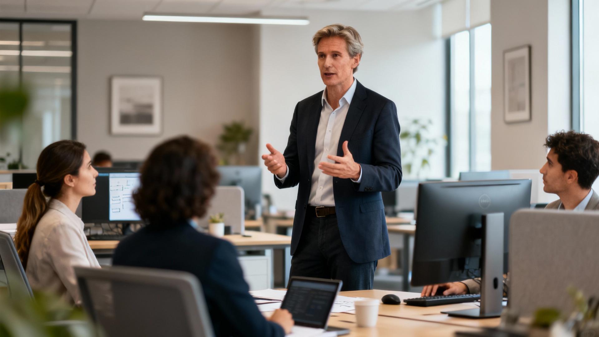 Manager européen en costume discutant avec son équipe autour d'une table dans un bureau moderne