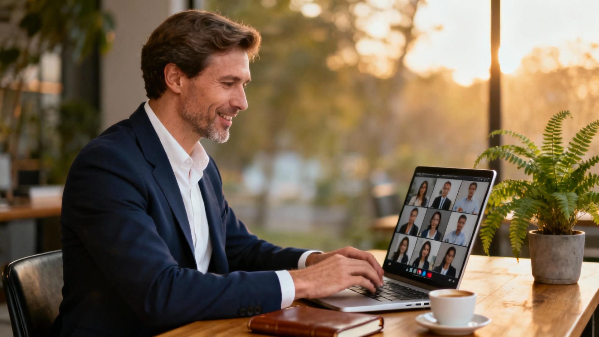 Manager européen confiant dirigeant une réunion d'équipe virtuelle sur ordinateur portable dans un bureau moderne