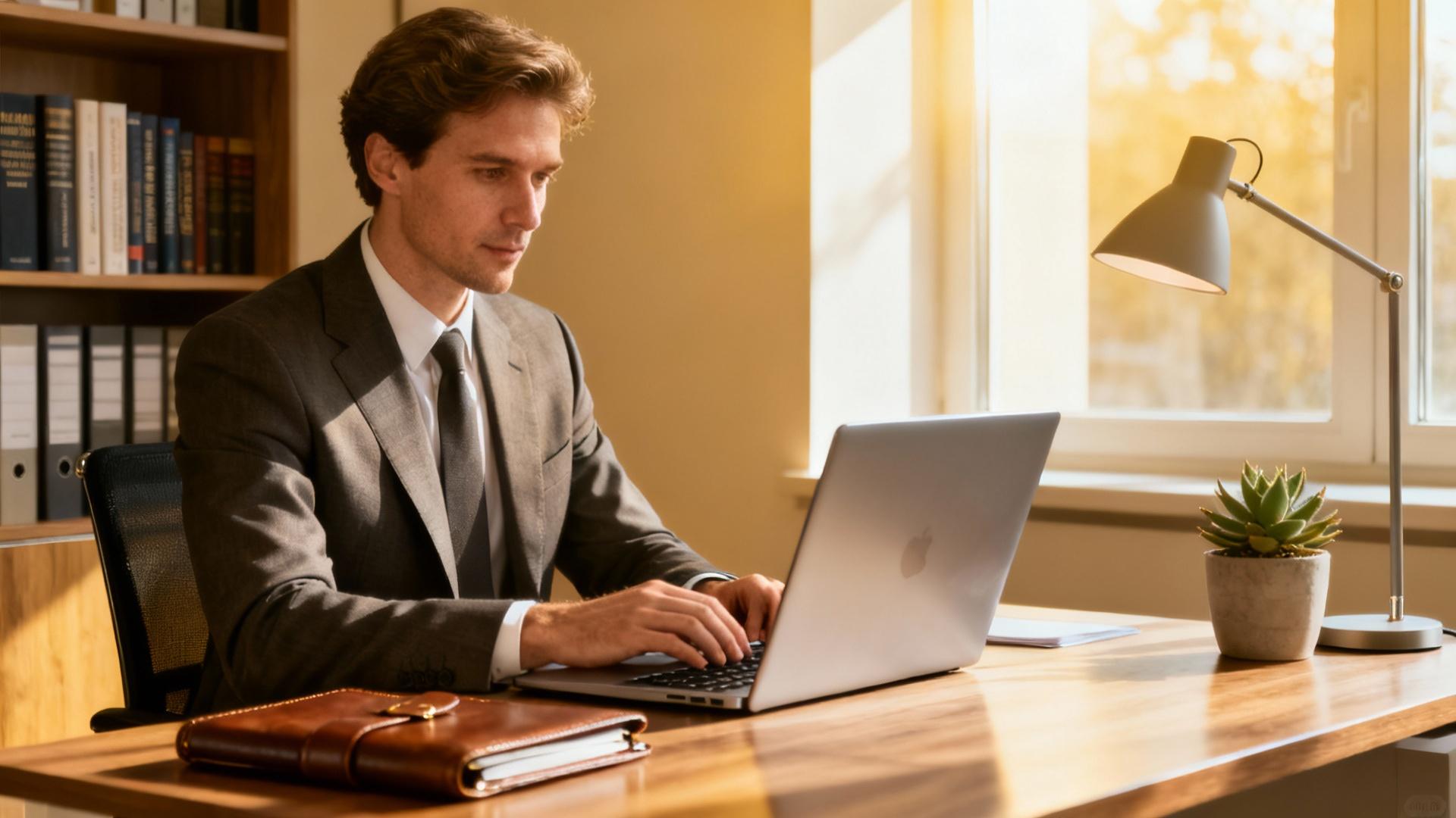 Manager en costume travaillant sur un ordinateur portable dans un bureau moderne avec éclairage naturel