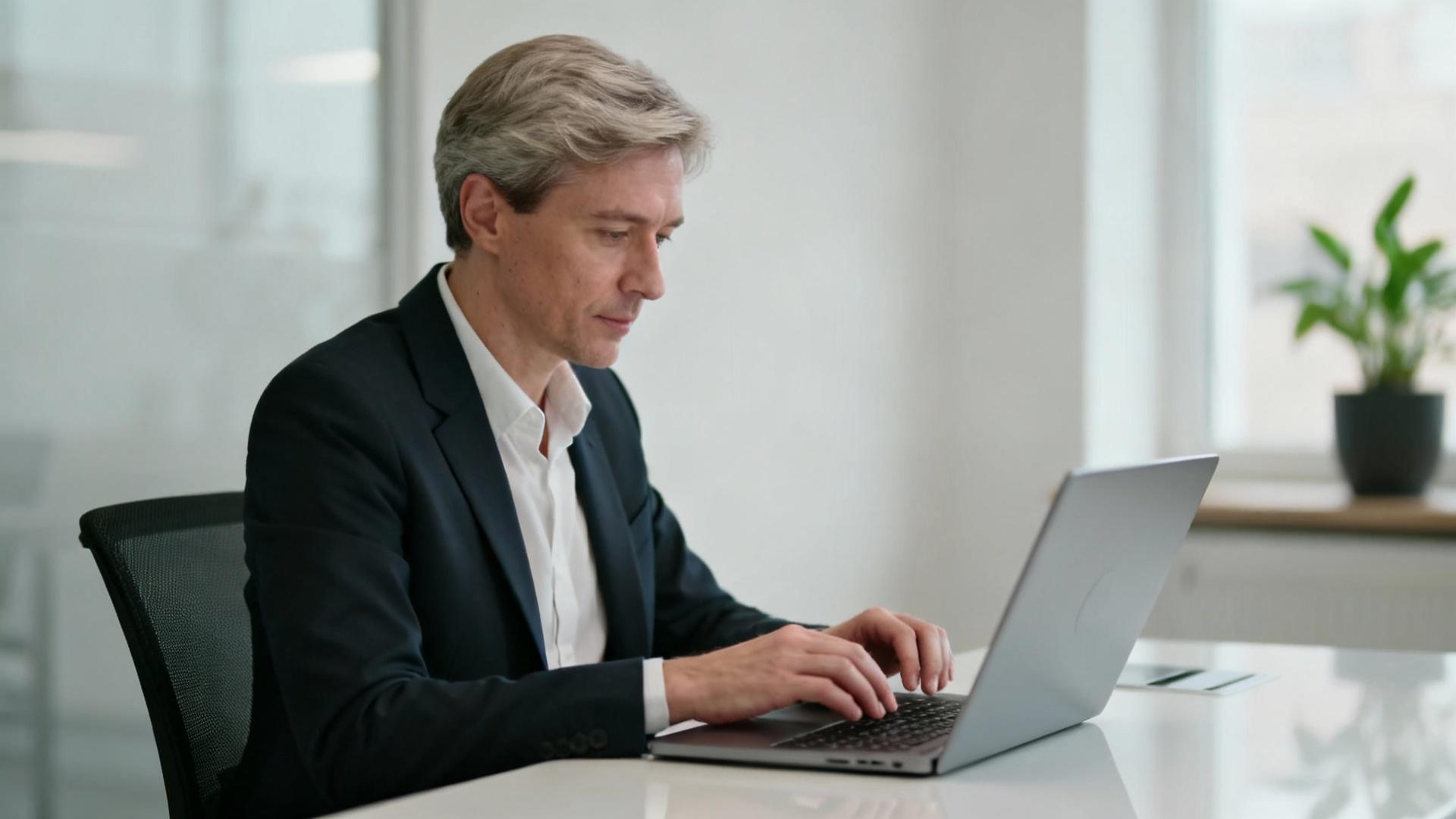 Manager européen concentré devant son ordinateur portable dans un bureau moderne avec lumière naturelle