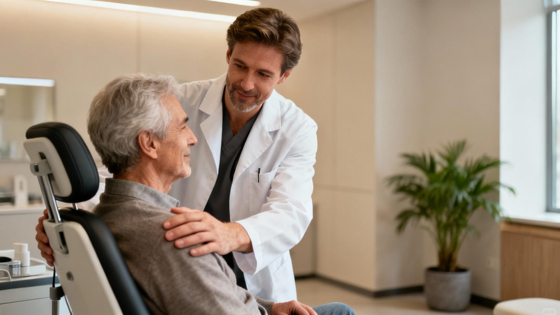 Médecin européen examinant attentivement un patient âgé dans une clinique moderne avec éclairage naturel doux