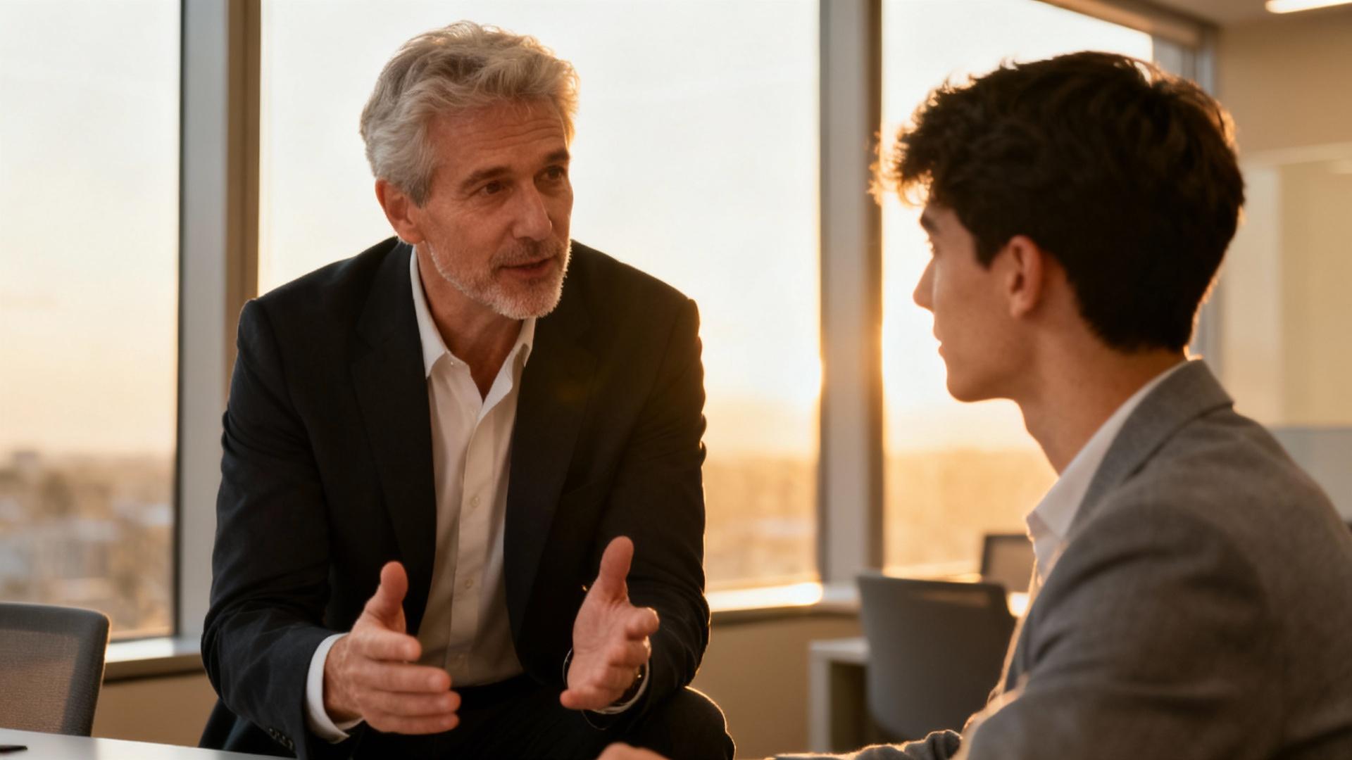 Mentor d'affaires expérimenté guidant un jeune collègue dans un bureau moderne avec lumière naturelle