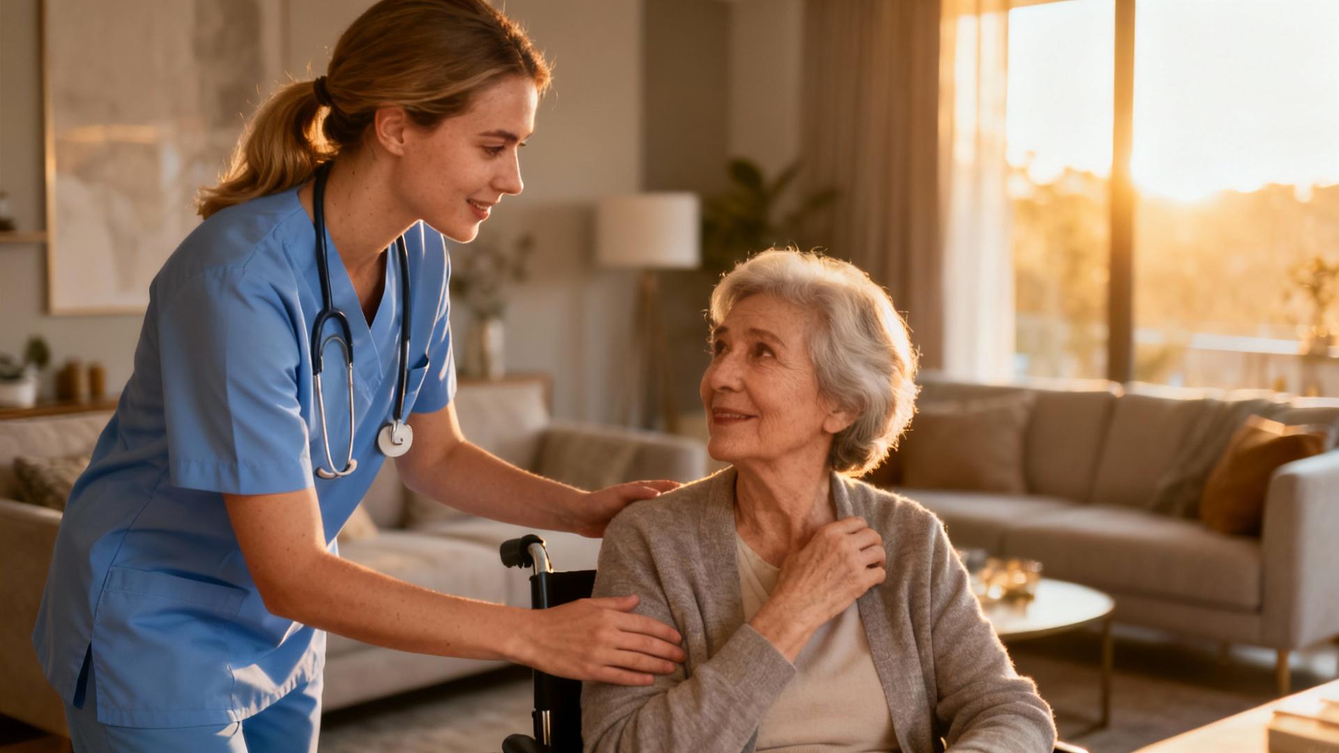 Caring european nurse helping elderly resident in bright modern living room with natural light