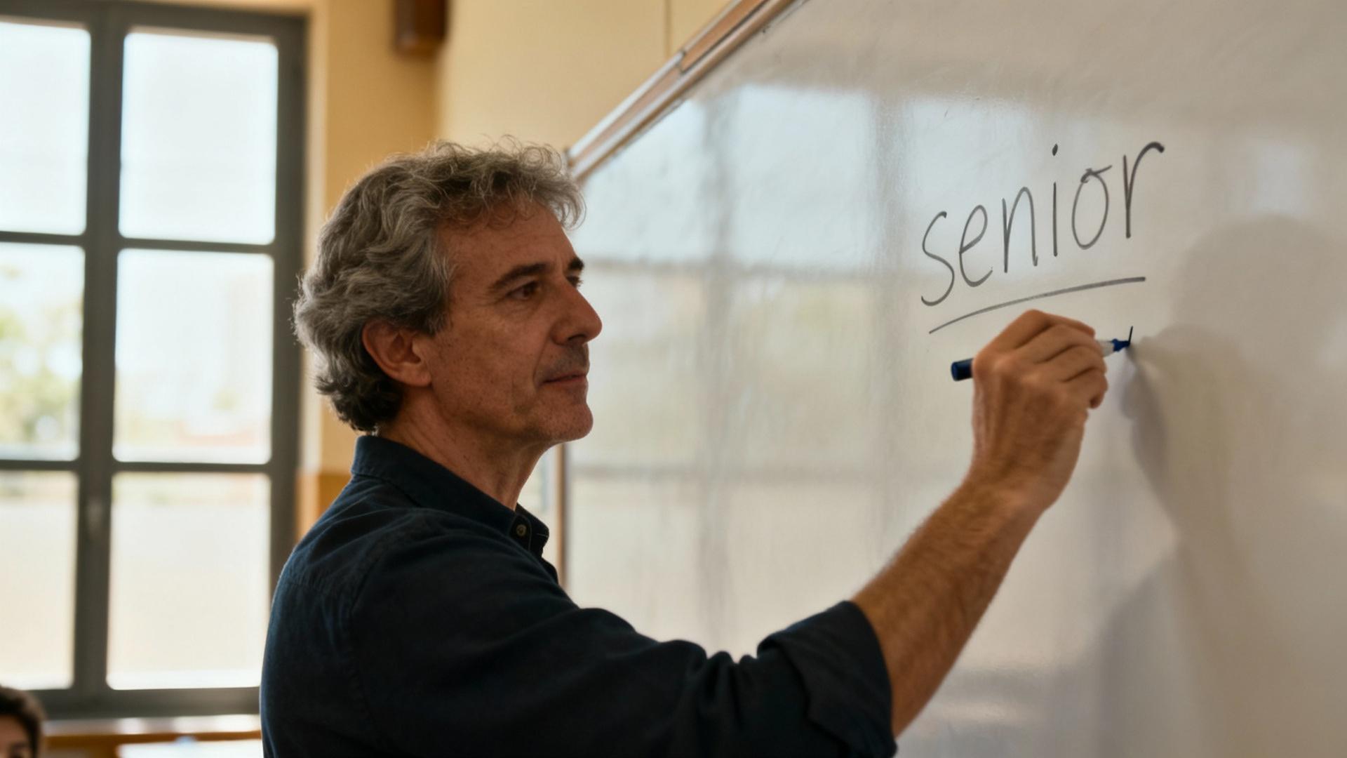 Professeur européen écrivant le mot senior en espagnol sur un tableau blanc avec une craie
