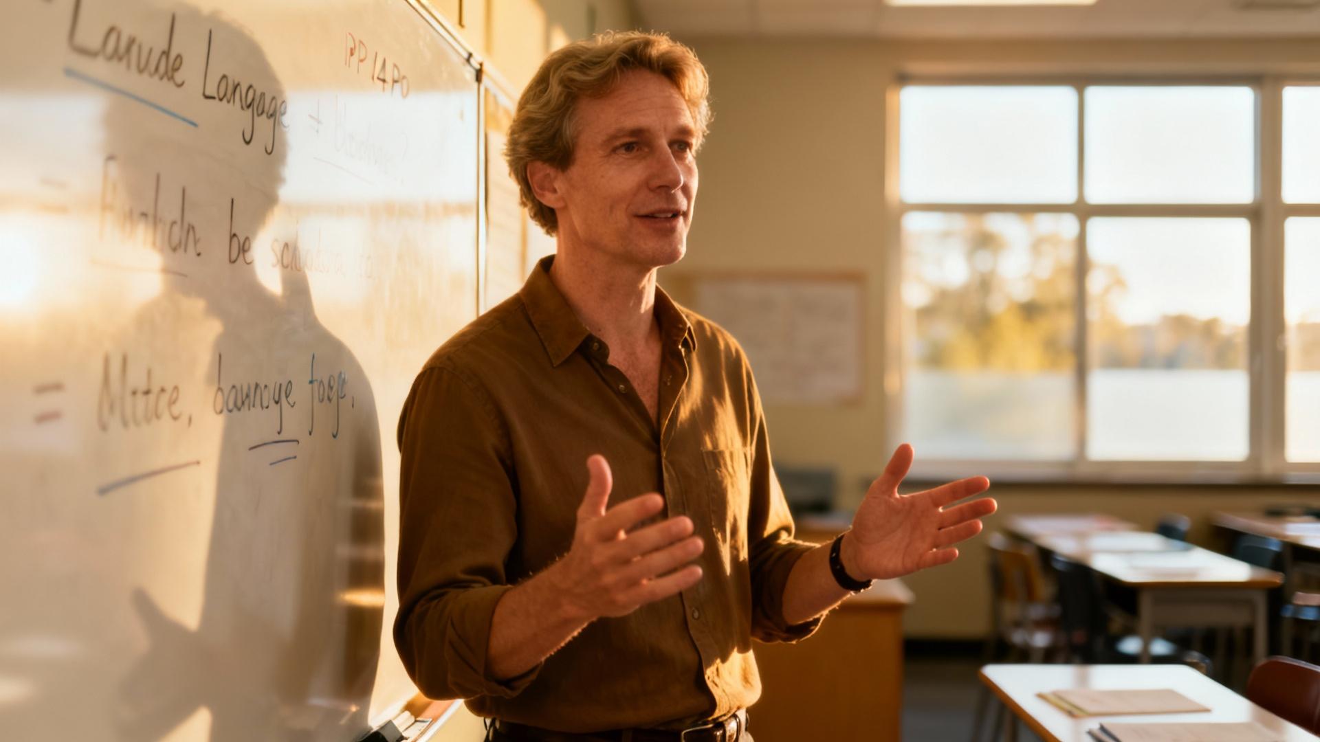 Professeur européen expliquant des concepts linguistiques au tableau devant une classe bien éclairée