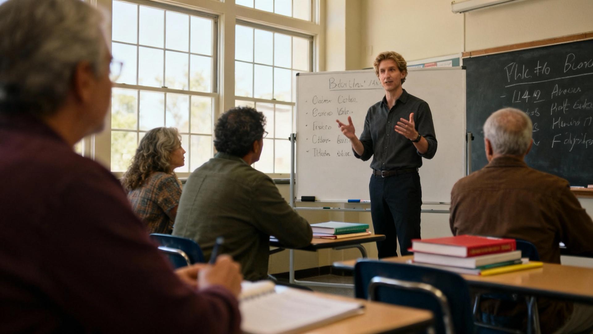 Professeur de langue européenne expliquant des mots à des étudiants adultes dans une salle de classe éclairée naturellement