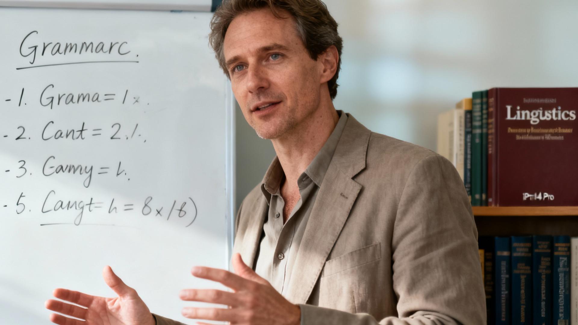 Professeur européen expliquant les règles de grammaire française sur un tableau blanc avec des exemples écrits