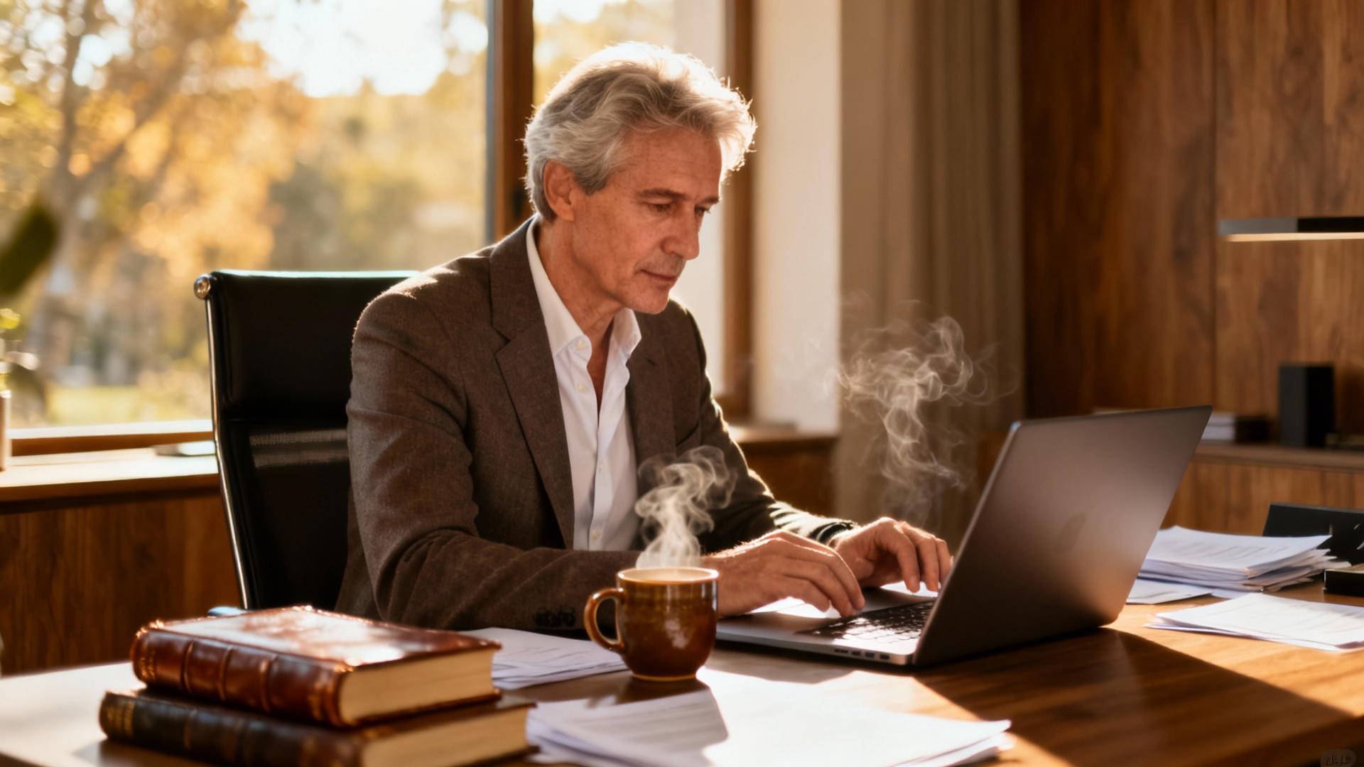 Homme d'affaires européen de plus de 50 ans travaillant sur un ordinateur portable dans un bureau à domicile moderne