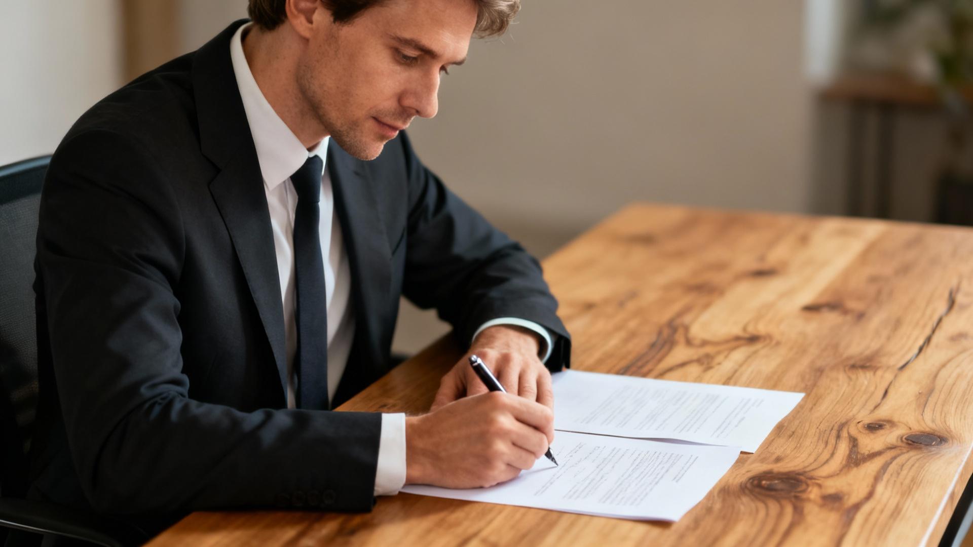 Professionnel européen en costume écrivant sur un document posé sur un bureau en bois avec lumière naturelle