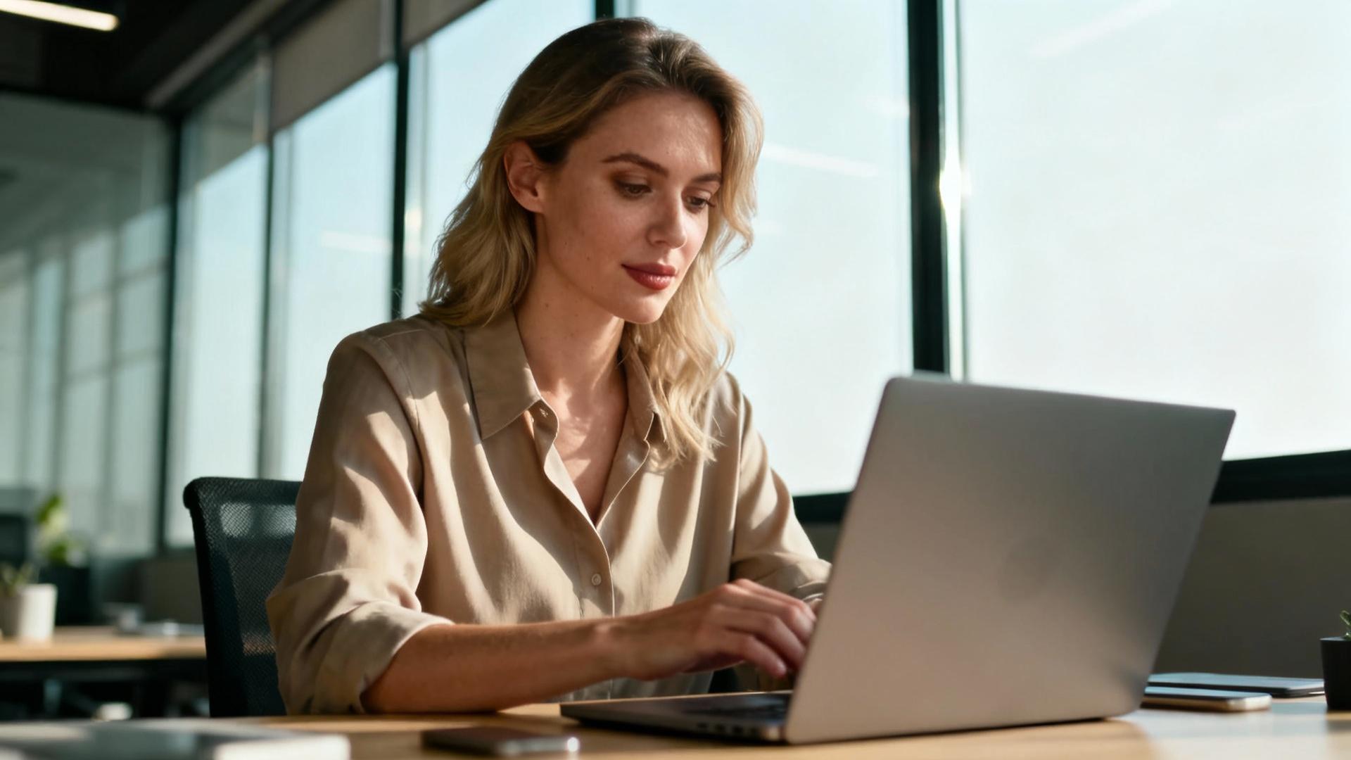 Homme d'affaires européen travaillant sur un ordinateur portable dans un bureau moderne avec lumière naturelle
