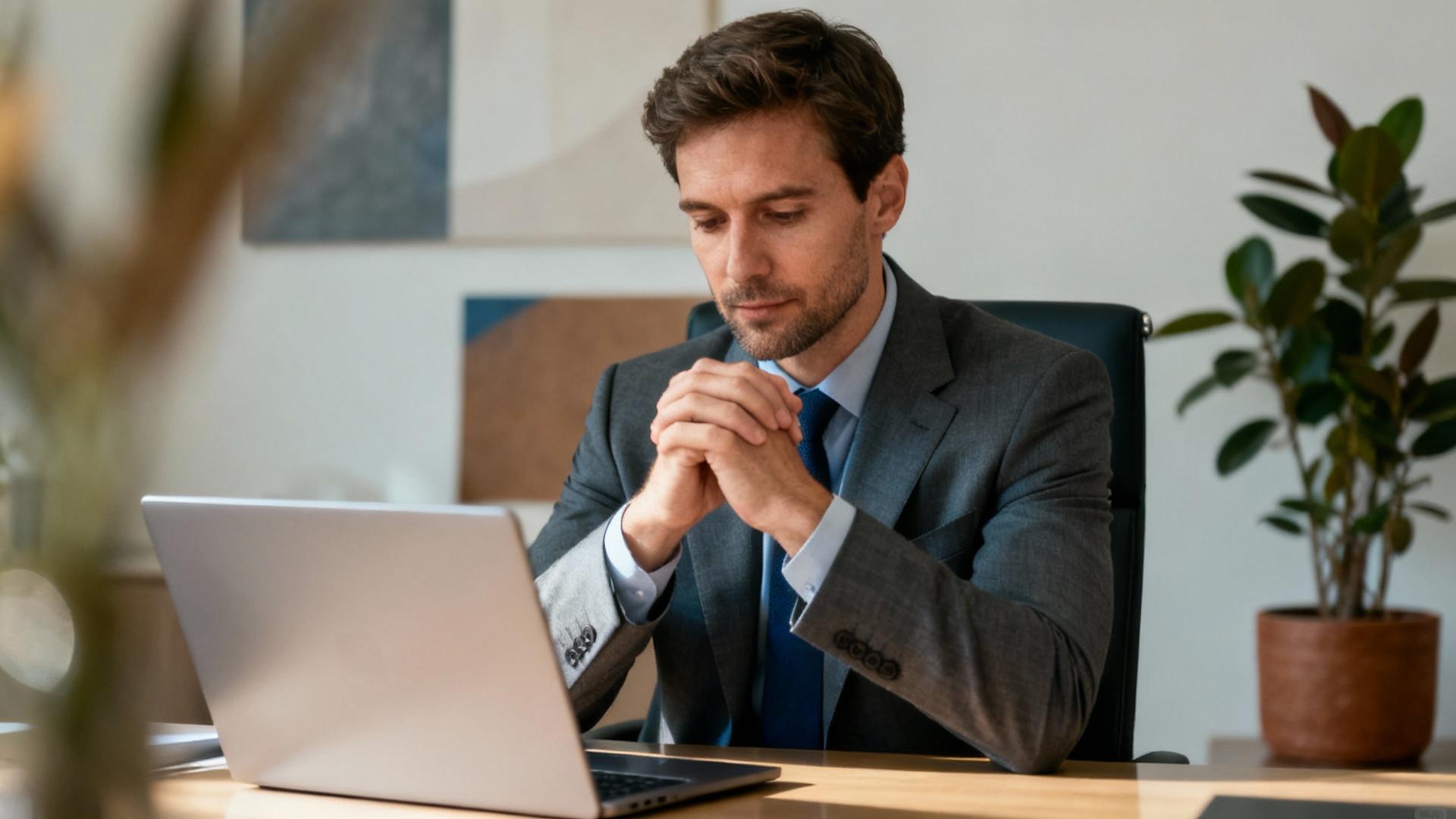 Homme d'affaires européen pensif travaillant dans un bureau moderne avec lumière naturelle et décoration sobre