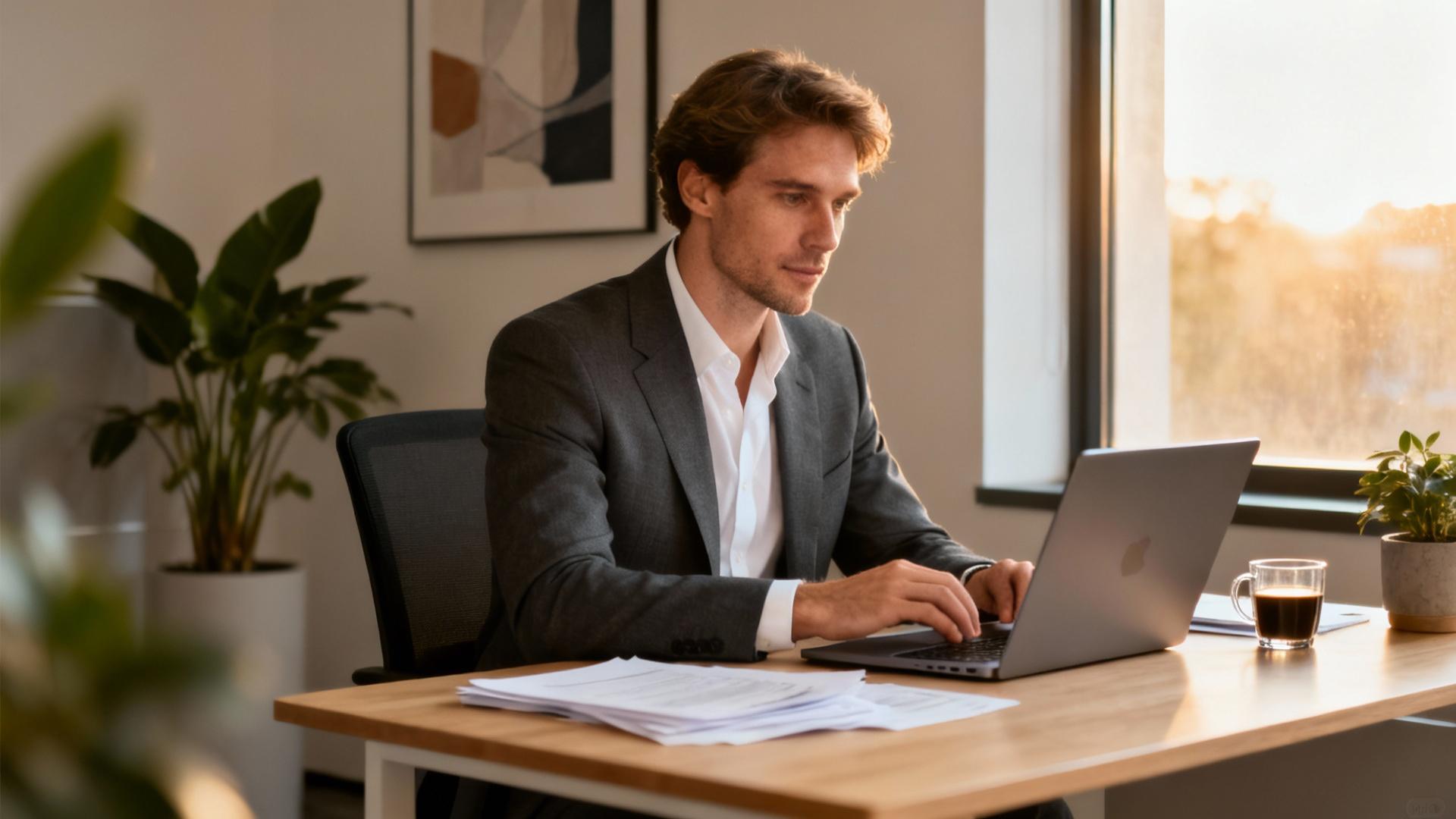 Homme d'affaires caucasien pensif dans un bureau moderne avec lumière naturelle et décoration neutre