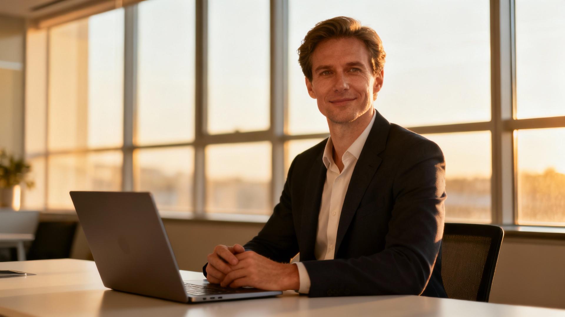 Homme d'affaires confiant dans un bureau moderne avec lumière naturelle, vêtu d'un costume élégant