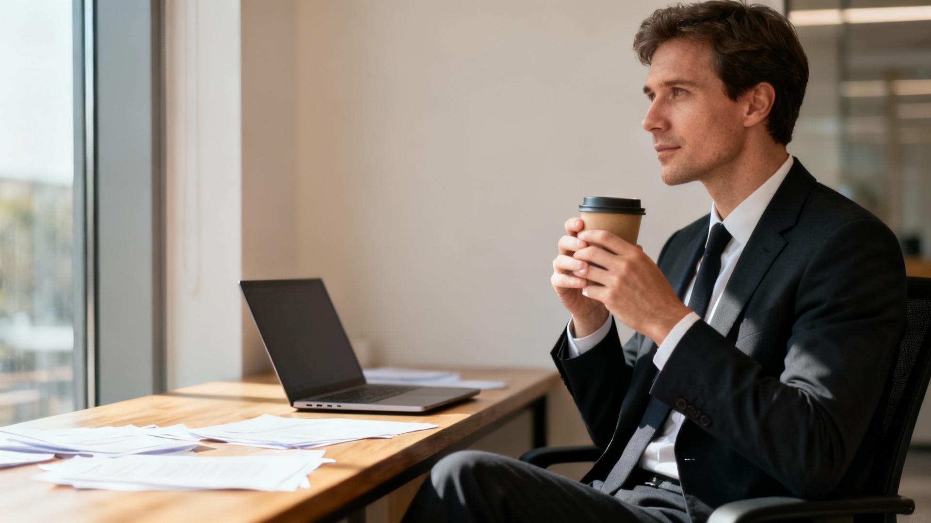 Professionnel européen réfléchi discutant d'une transition de carrière dans un bureau moderne