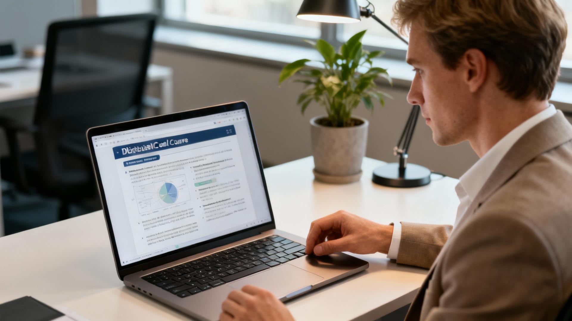 Professionnel européen étudiant une formation digitale sur ordinateur portable dans un bureau moderne