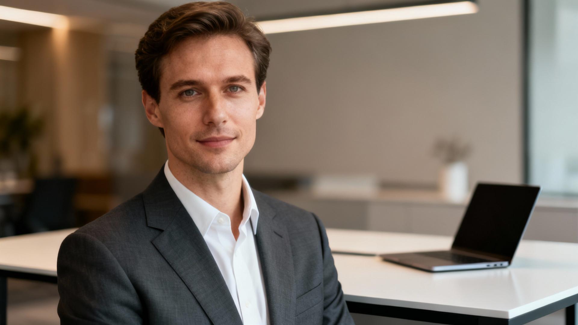 Homme d'affaires européen travaillant dans un bureau moderne avec lumière naturelle et décoration professionnelle