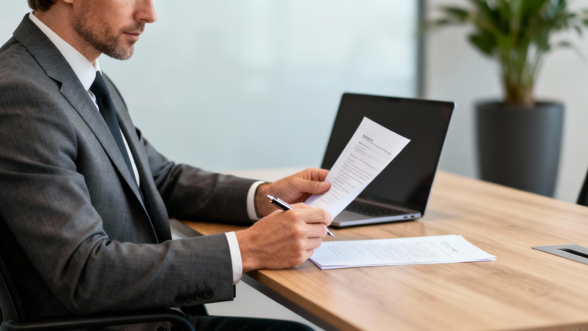 Homme d'affaires européen en costume analysant un document sur un bureau moderne avec ordinateur portable