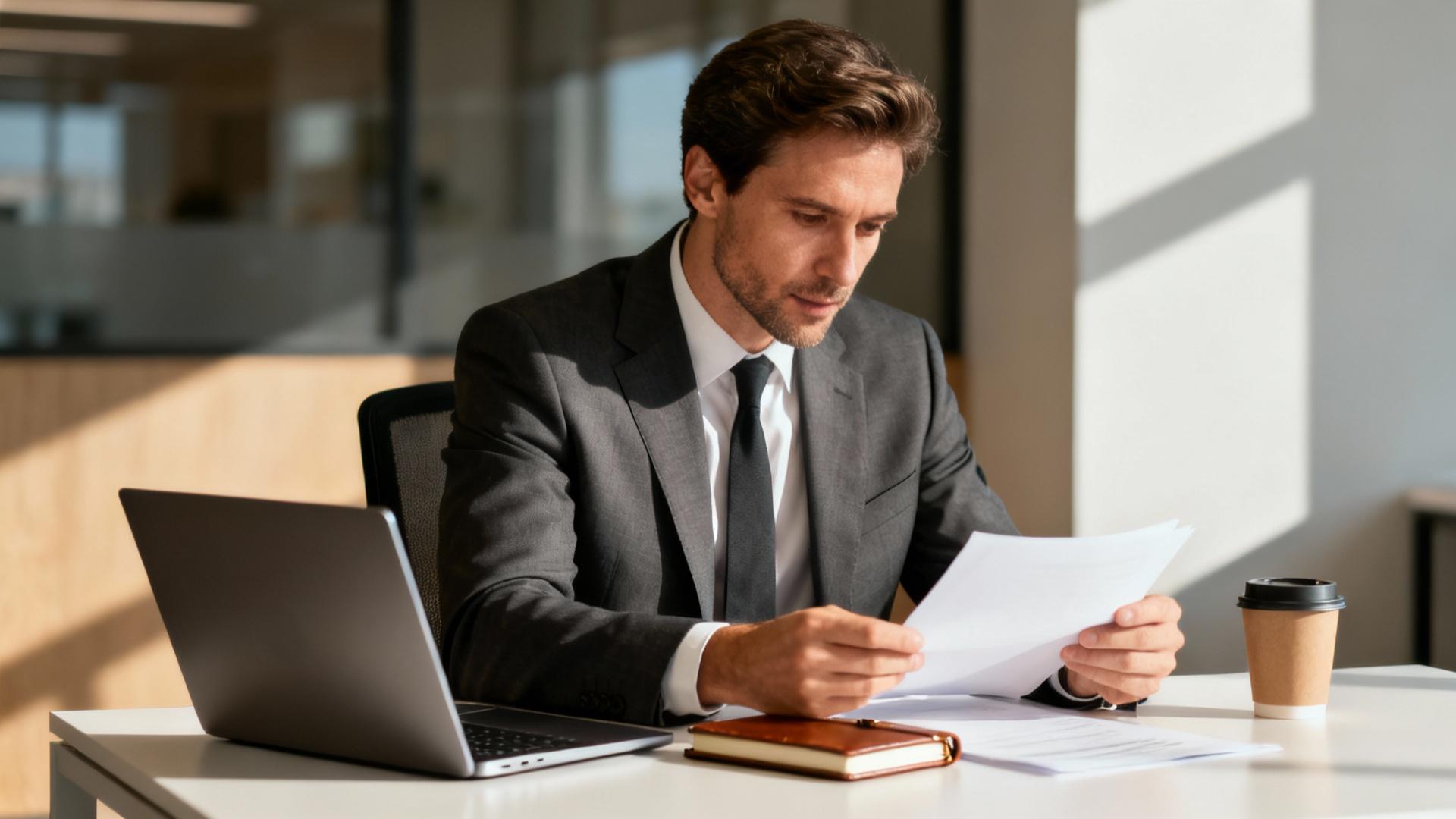 Homme d'affaires senior européen confiant examinant des documents sur un bureau moderne avec ordinateur portable