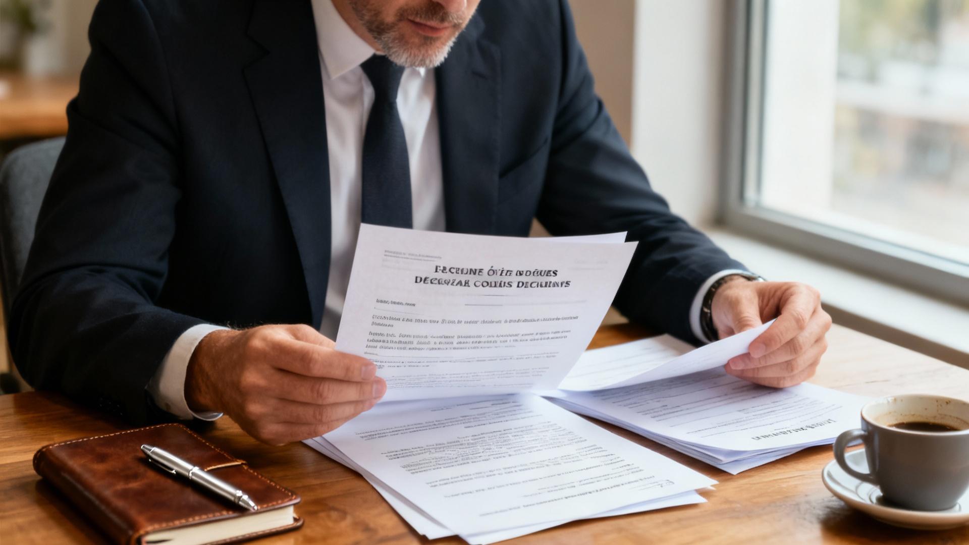 Professionnel européen examinant des documents officiels avec des traductions en français dans un environnement de travail authentique