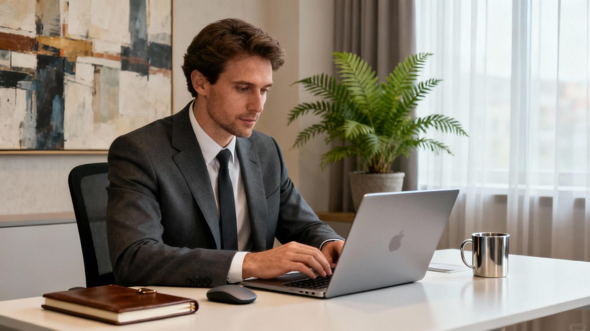 Homme d'affaires européen travaillant sur un ordinateur portable dans un bureau moderne avec lumière naturelle