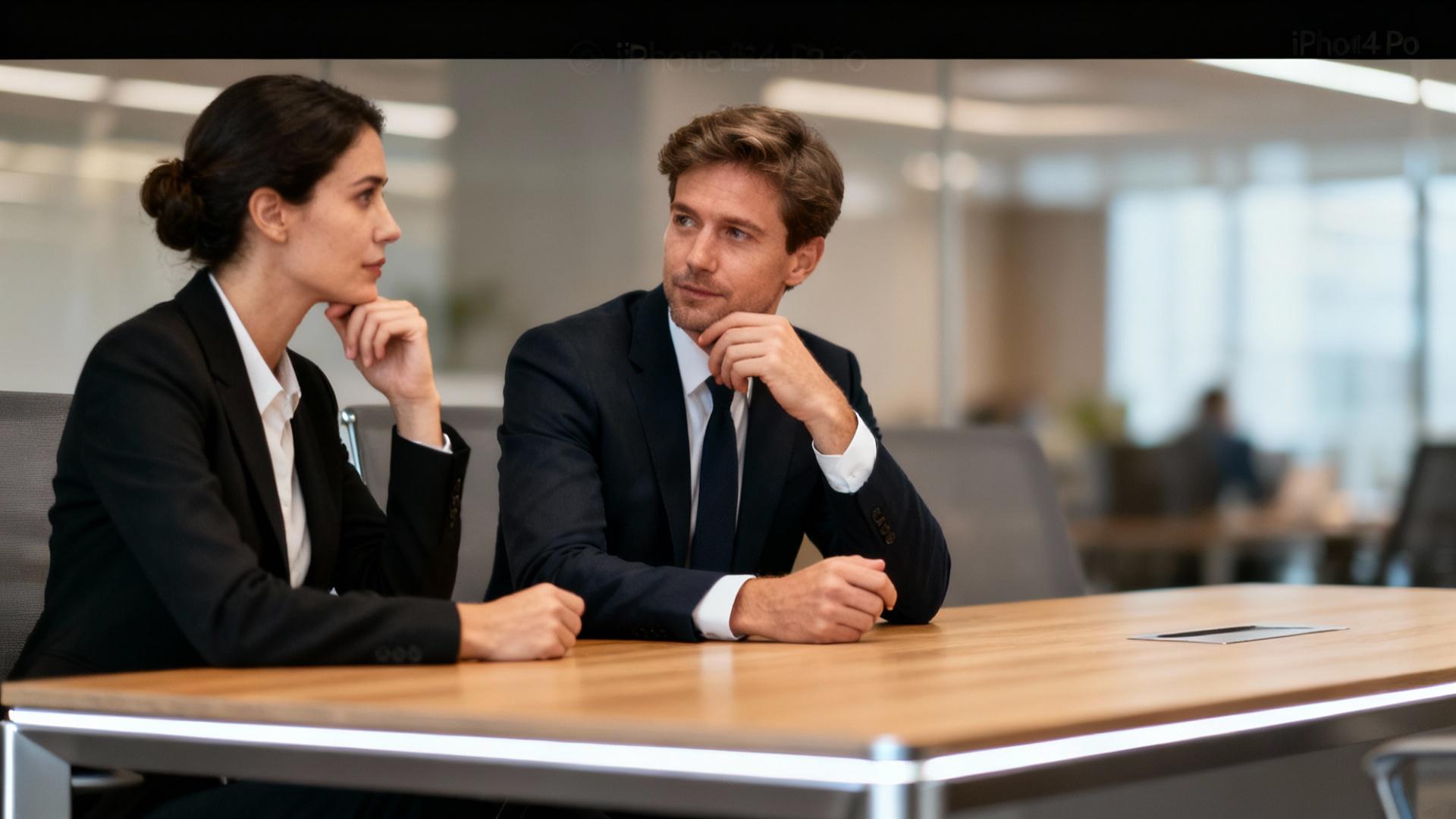 Professionnels européens en costume discutant sérieusement autour d'une table de bureau moderne