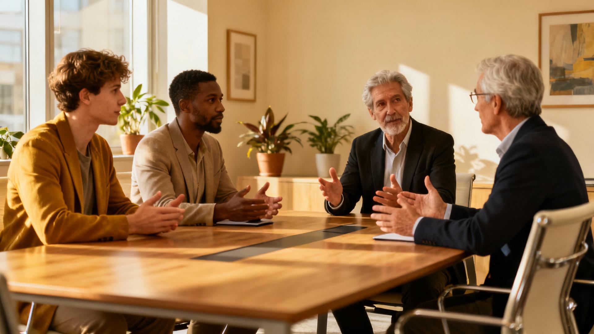 Groupe de professionnels européens discutant de diversité d'âge dans un bureau moderne avec lumière naturelle