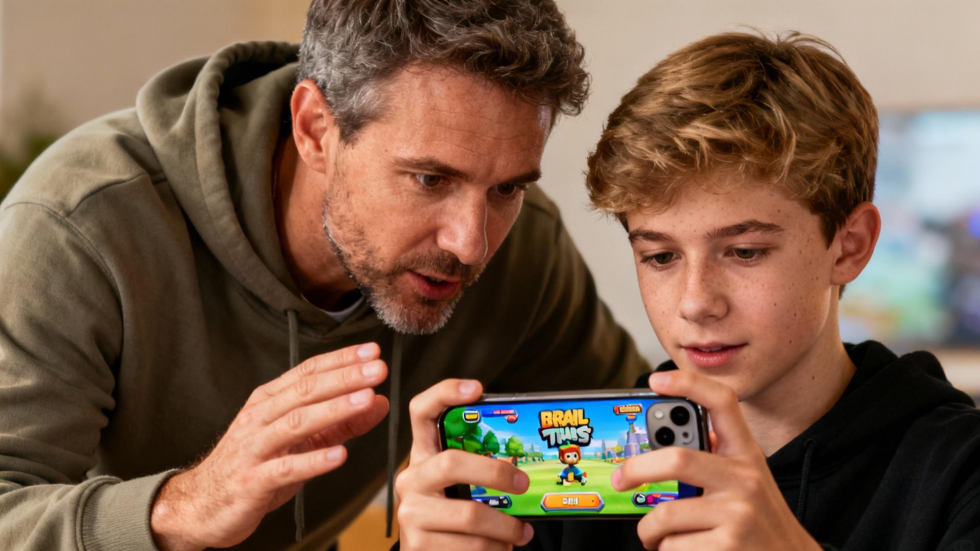 Coach adulte expérimenté donnant des conseils à un jeune joueur sur Brawl Stars avec écran de jeu en arrière-plan